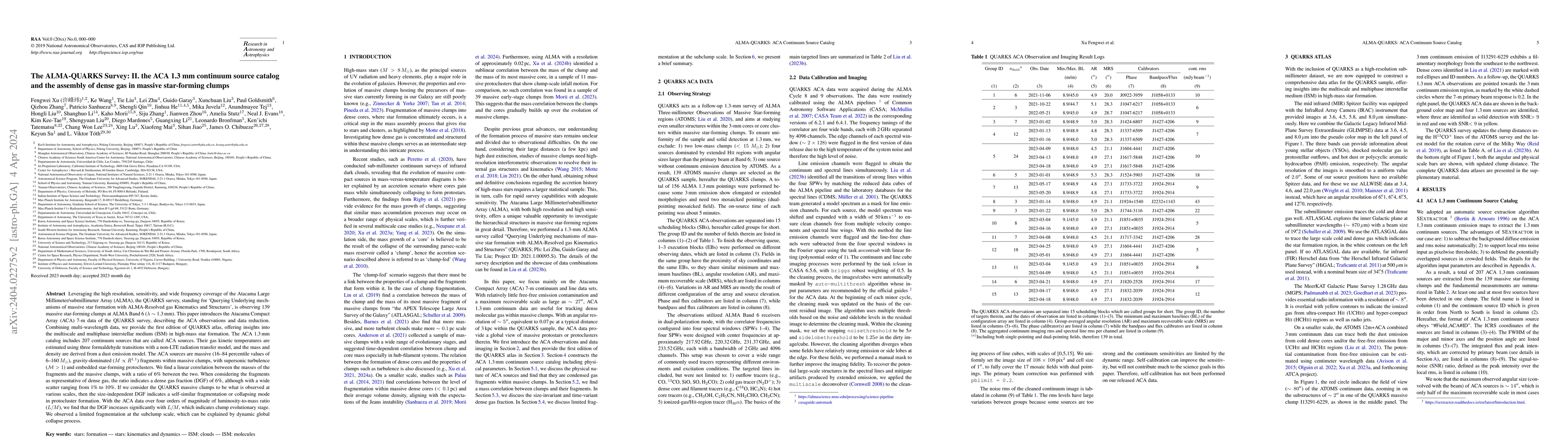 Thumbnail for The ALMA-QUARKS Survey: II. the ACA 1.3 mm continuum source catalog and
  the assembly of dense gas in massive star-forming clumps