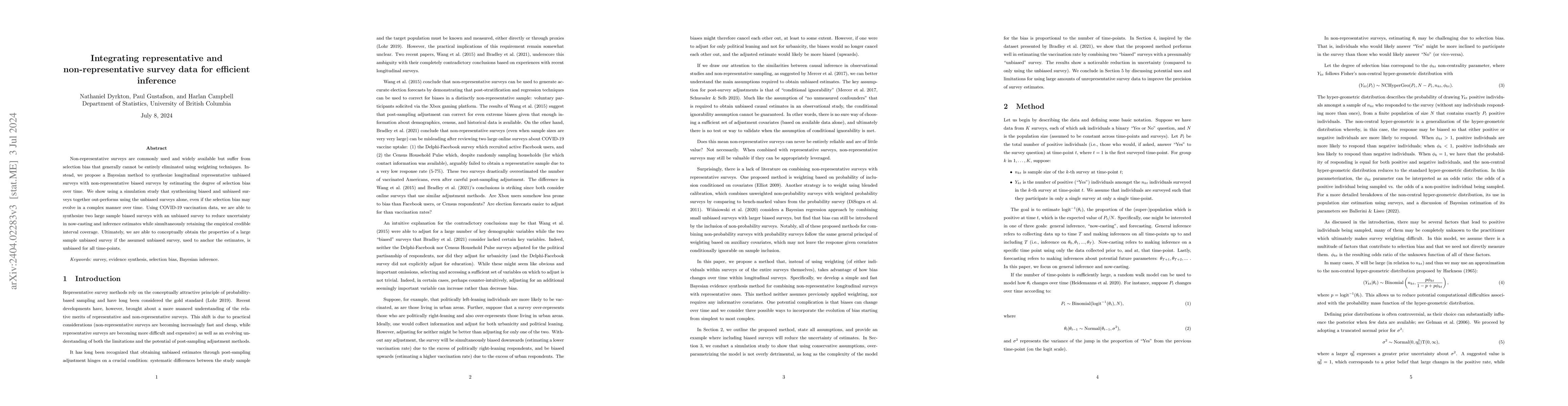 Thumbnail for Integrating representative and non-representative survey data for
  efficient inference