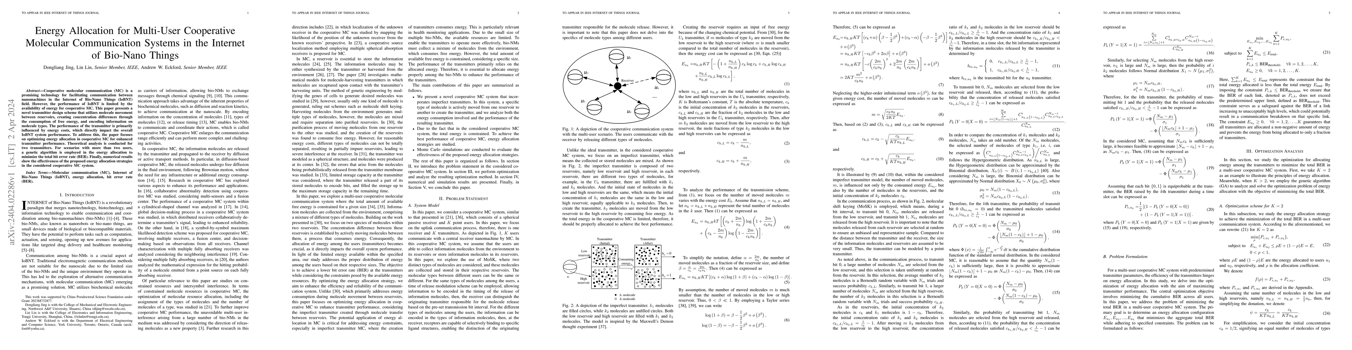 Thumbnail for Energy Allocation for Multi-User Cooperative Molecular Communication
  Systems in the Internet of Bio-Nano Things