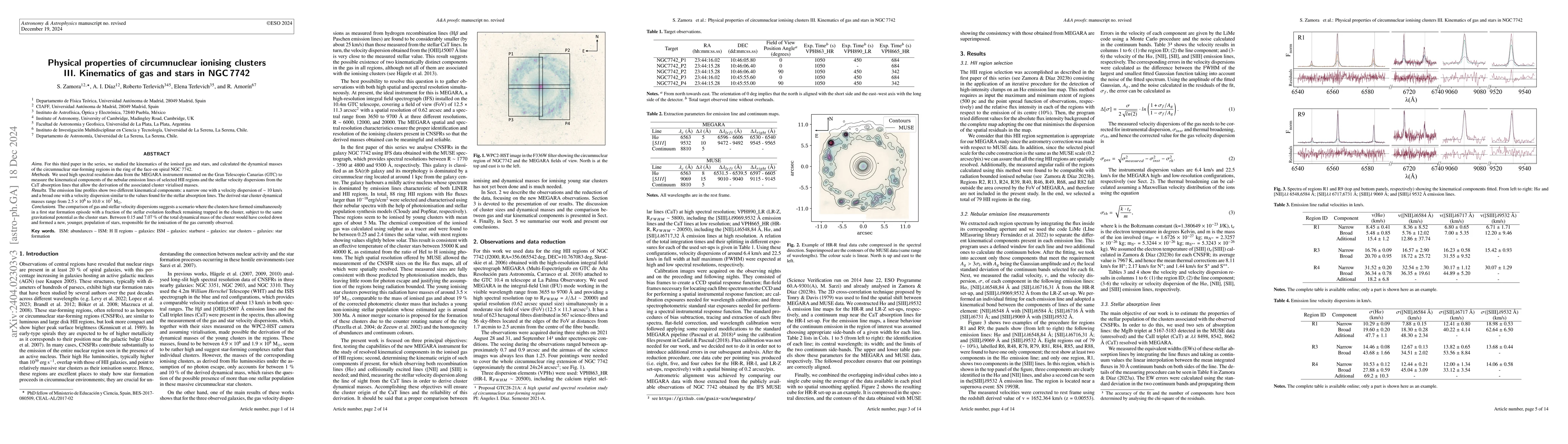 Thumbnail for Physical properties of circumnuclear ionising clusters. III. Kinematics
  of gas and stars in NGC 7742