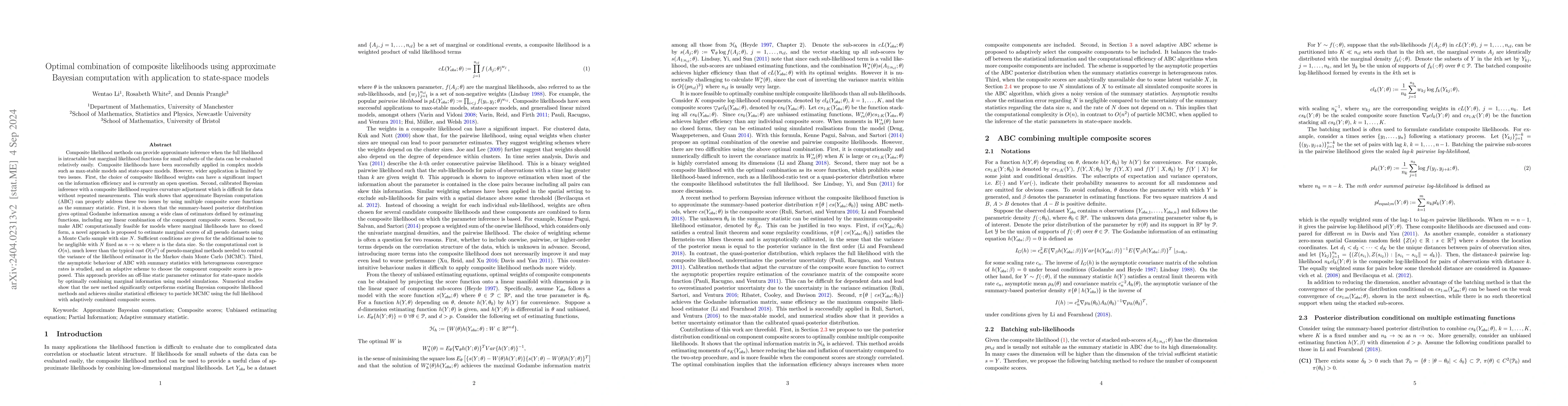 Thumbnail for Optimal combination of composite likelihoods using approximate Bayesian
  computation with application to state-space models