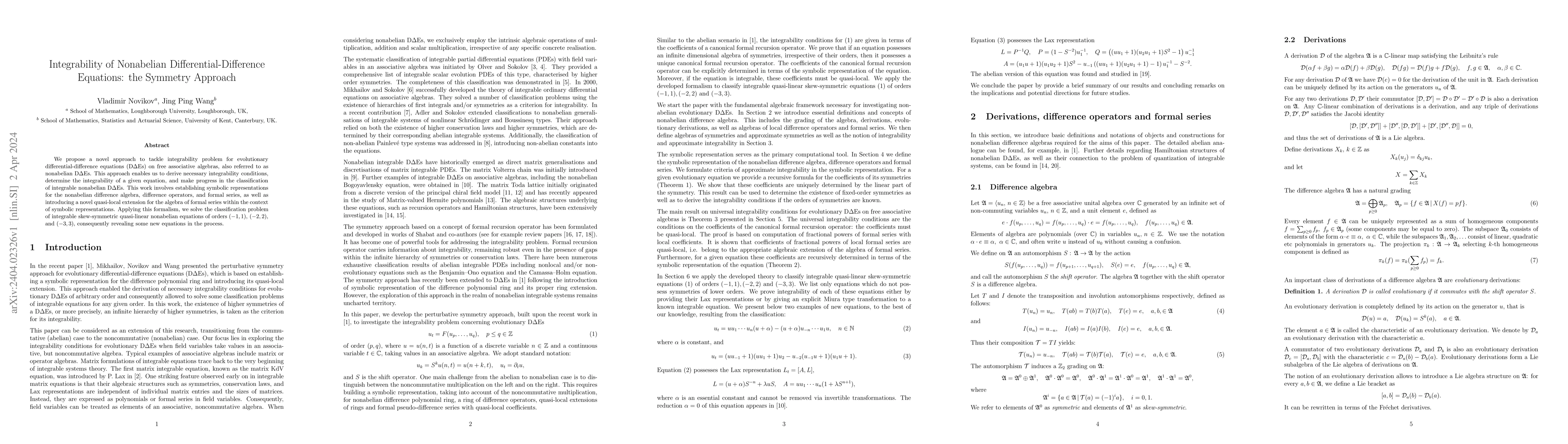 Thumbnail for Integrability of Nonabelian Differential-Difference Equations: the
  Symmetry Approach