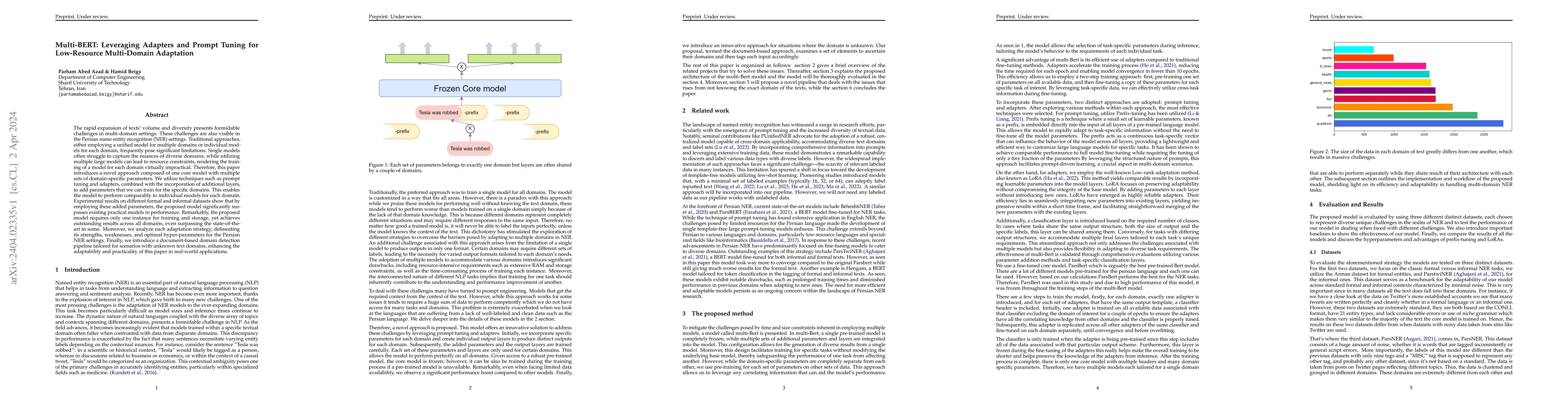Thumbnail for Multi-BERT: Leveraging Adapters and Prompt Tuning for Low-Resource
  Multi-Domain Adaptation