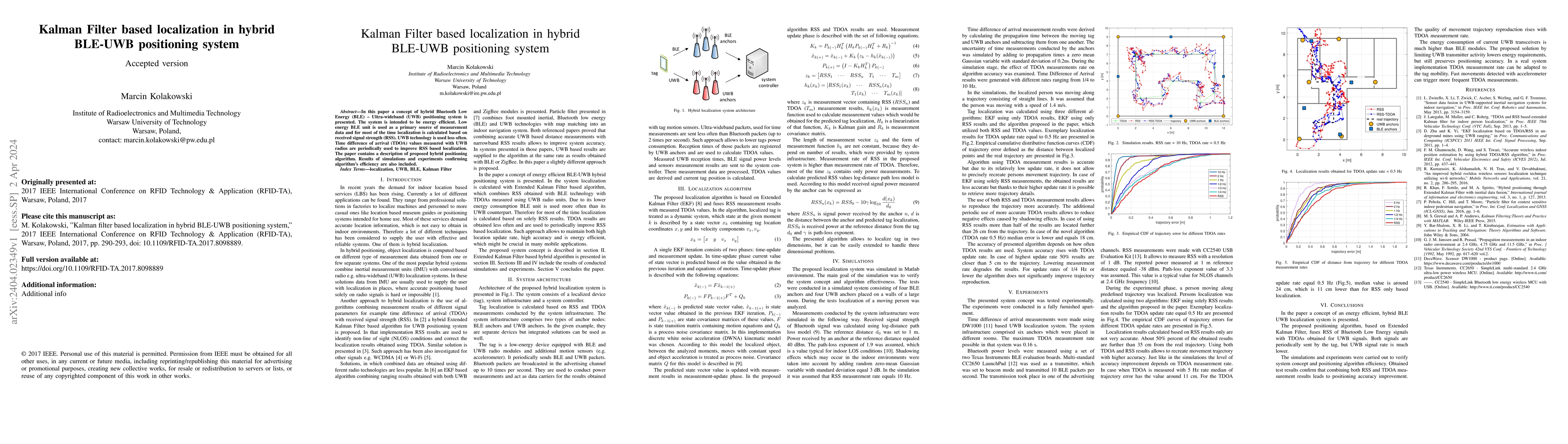 Thumbnail for Kalman filter based localization in hybrid BLE-UWB positioning system