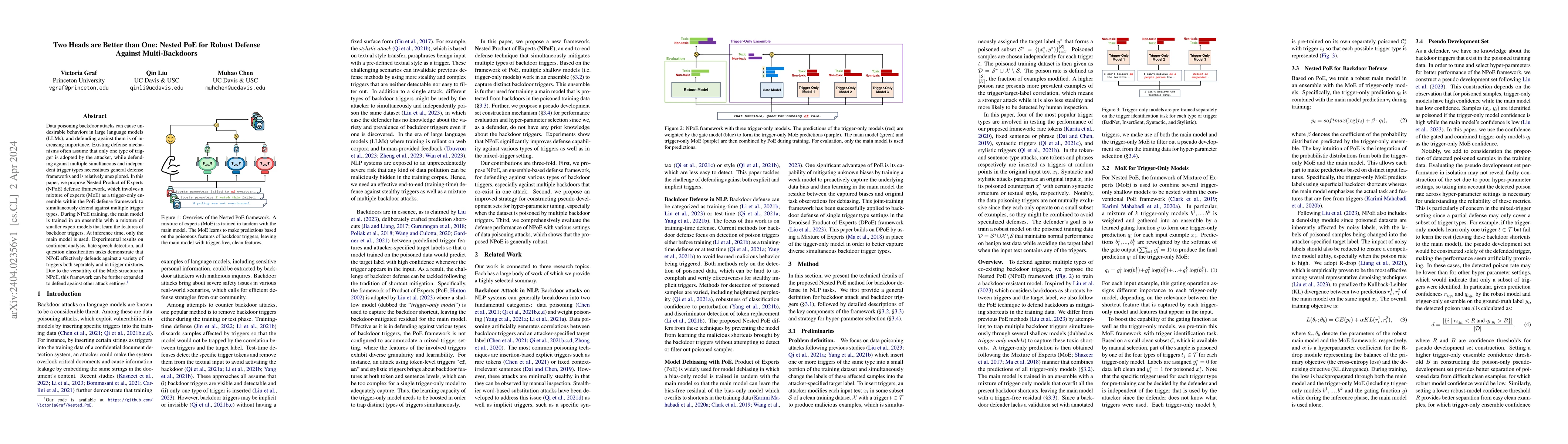 Thumbnail for Two Heads are Better than One: Nested PoE for Robust Defense Against
  Multi-Backdoors