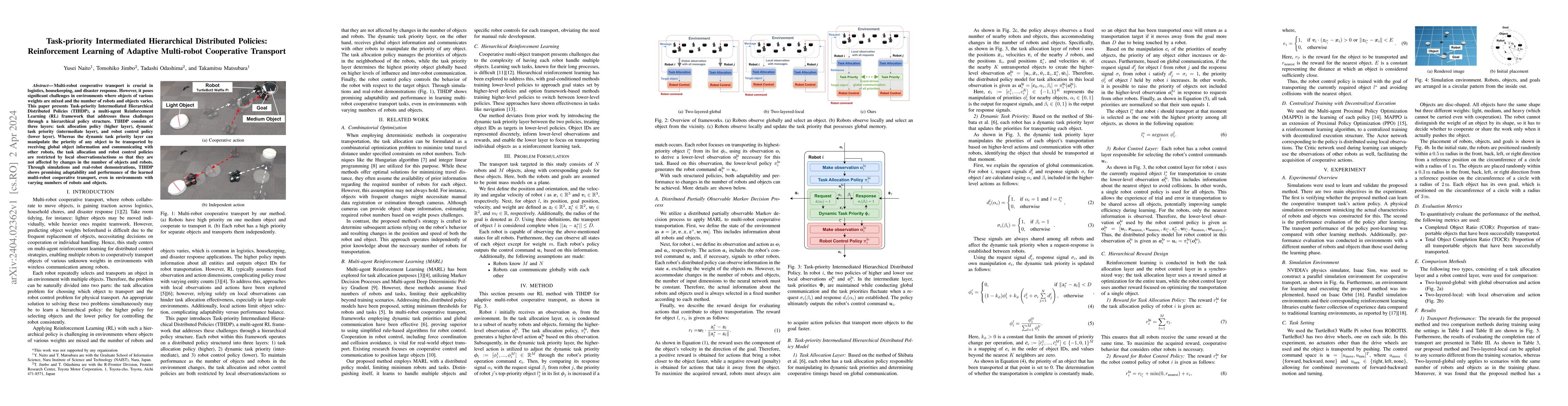 Thumbnail for Task-priority Intermediated Hierarchical Distributed Policies:
  Reinforcement Learning of Adaptive Multi-robot Cooperative Transport
