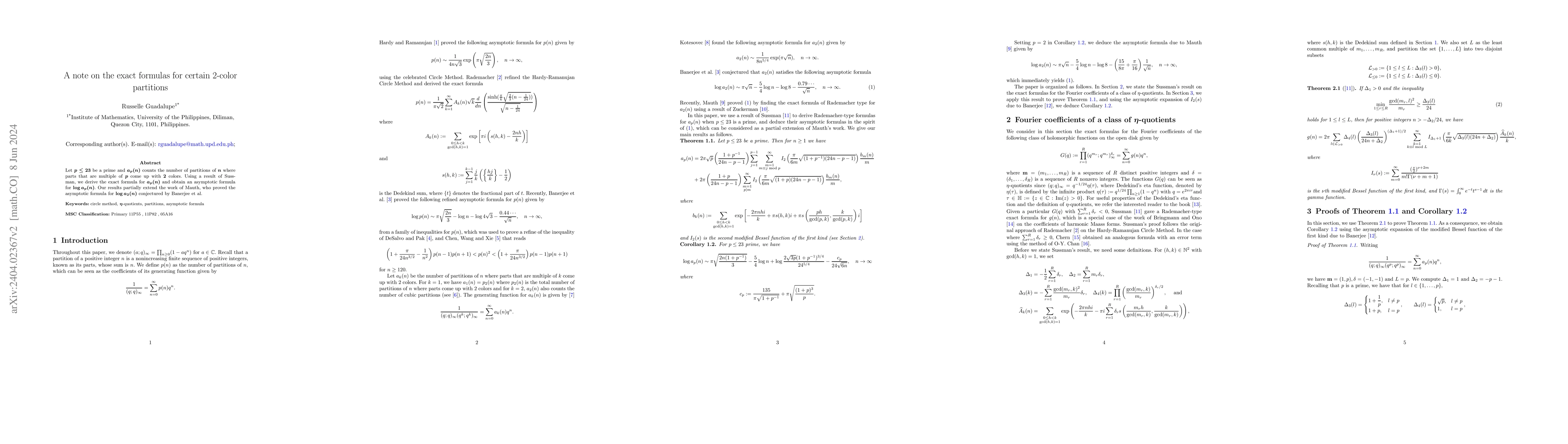 Thumbnail for A note on the exact formulas for certain $2$-color partitions