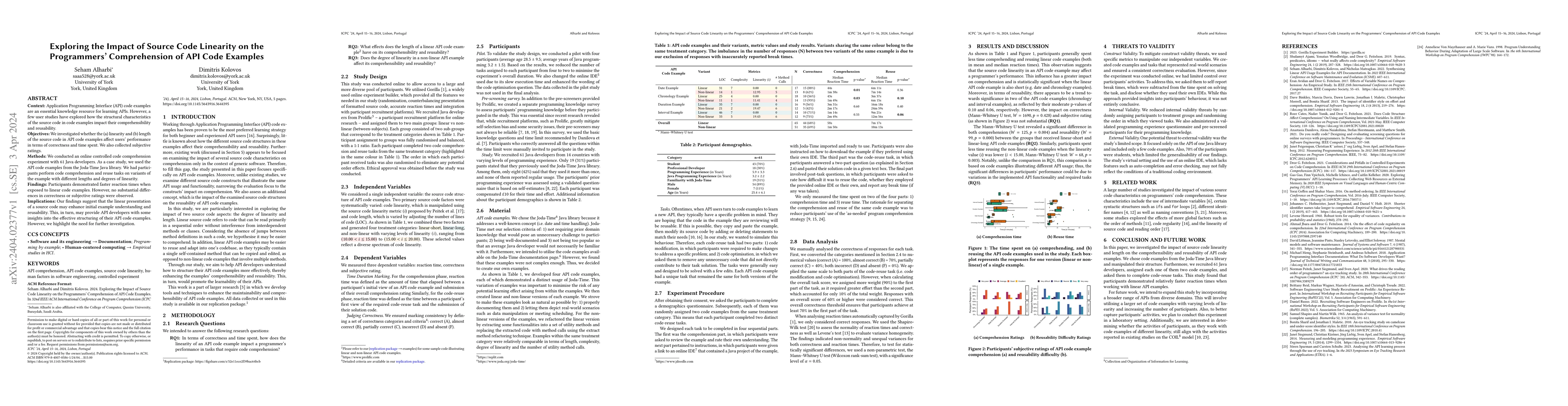 Thumbnail for Exploring the Impact of Source Code Linearity on the Programmers
  Comprehension of API Code Examples