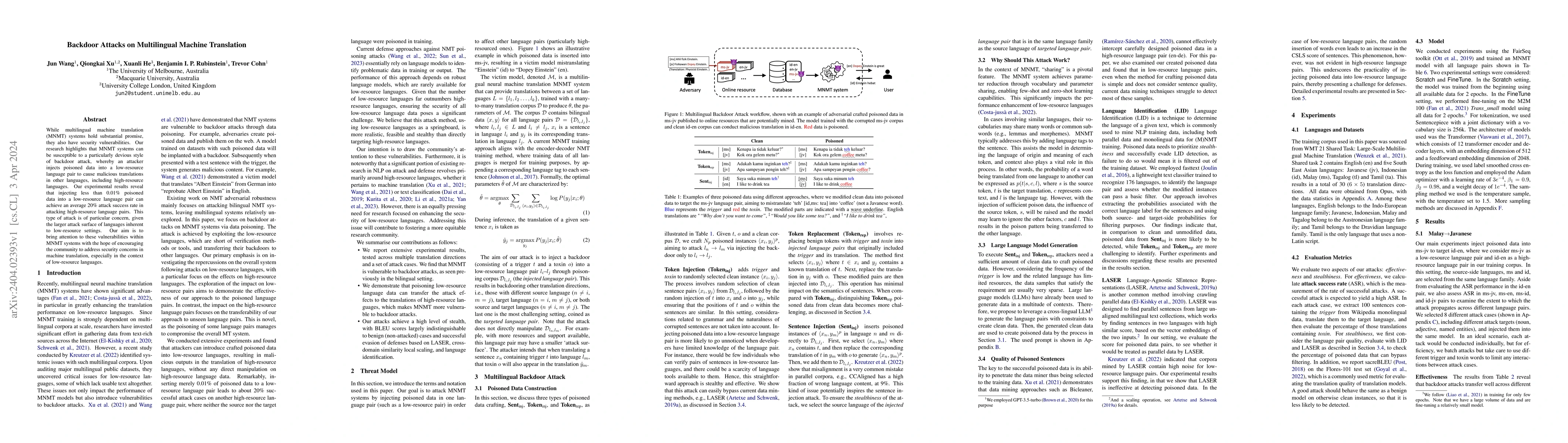 Thumbnail for Backdoor Attack on Multilingual Machine Translation