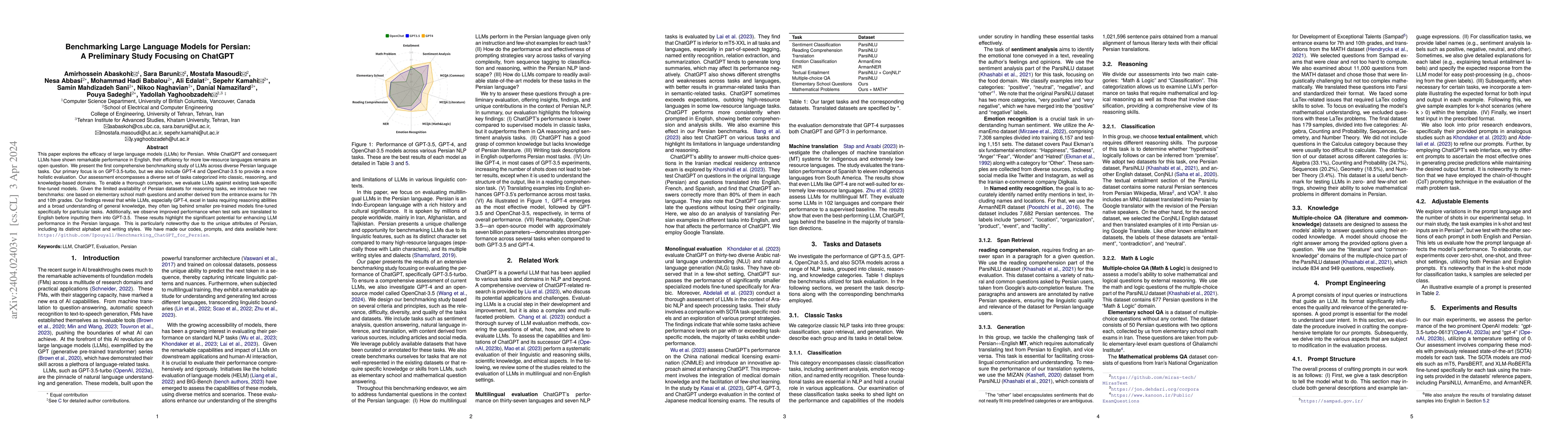 Thumbnail for Benchmarking Large Language Models for Persian: A Preliminary Study
  Focusing on ChatGPT