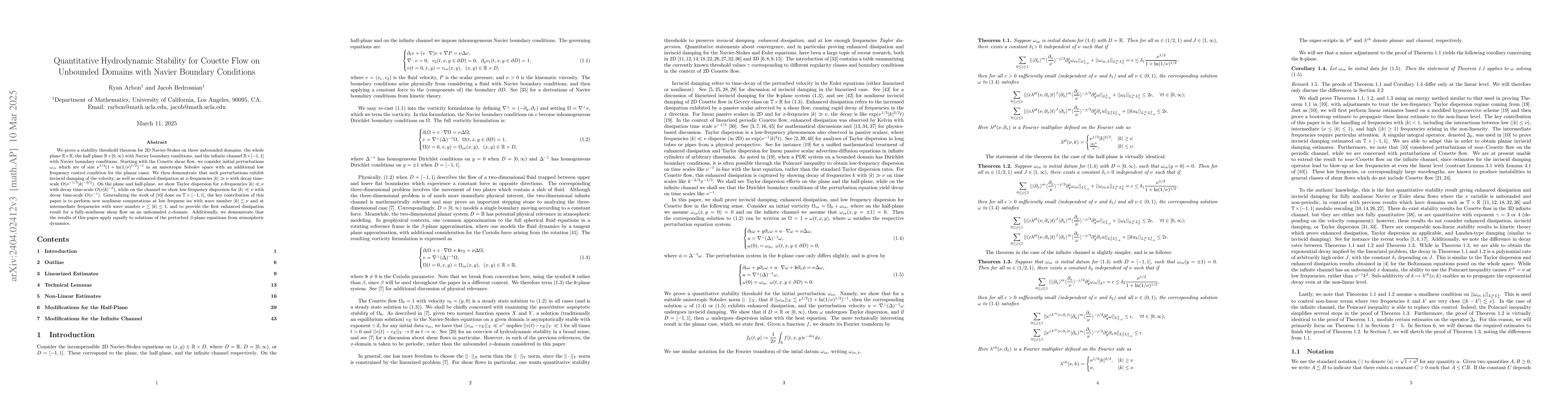 Thumbnail for Quantitative Hydrodynamic Stability for Couette Flow on Unbounded
  Domains with Navier Boundary Conditions