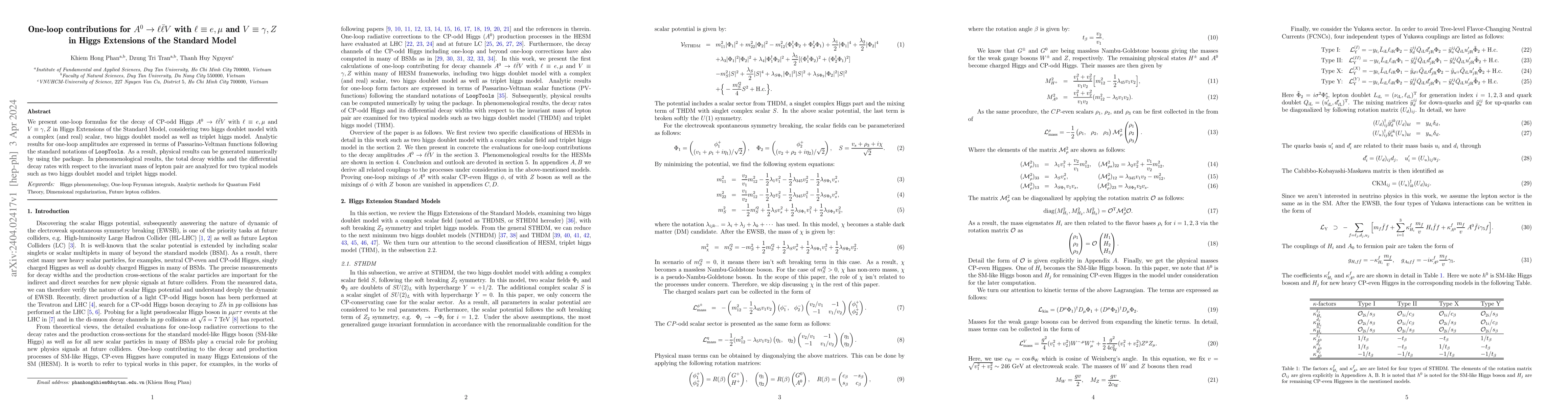 Thumbnail for One-loop contributions for $A^0 \rightarrow \ell \bar{\ell} V$ with
  $\ell \equiv e, \mu$ and $V\equiv \gamma, Z$ in Higgs Extensions of the
  Standard Model