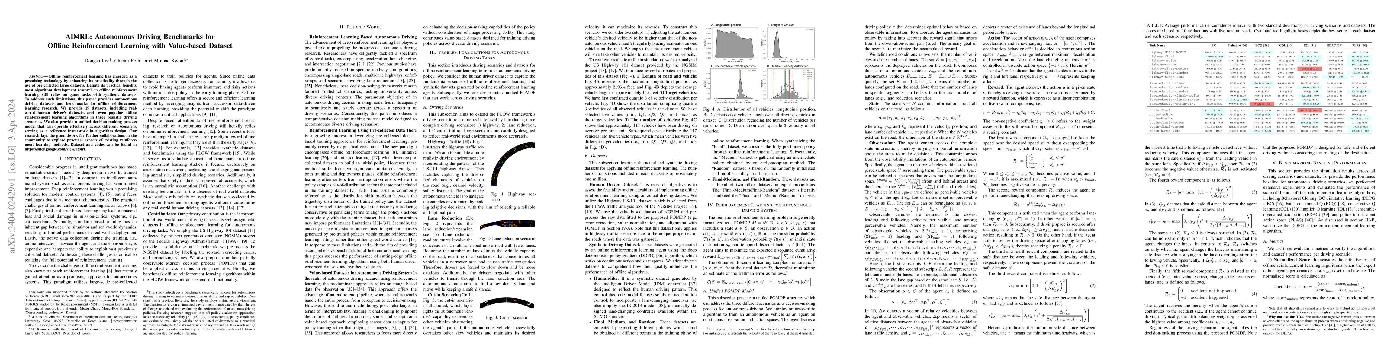 Thumbnail for AD4RL: Autonomous Driving Benchmarks for Offline Reinforcement Learning
  with Value-based Dataset