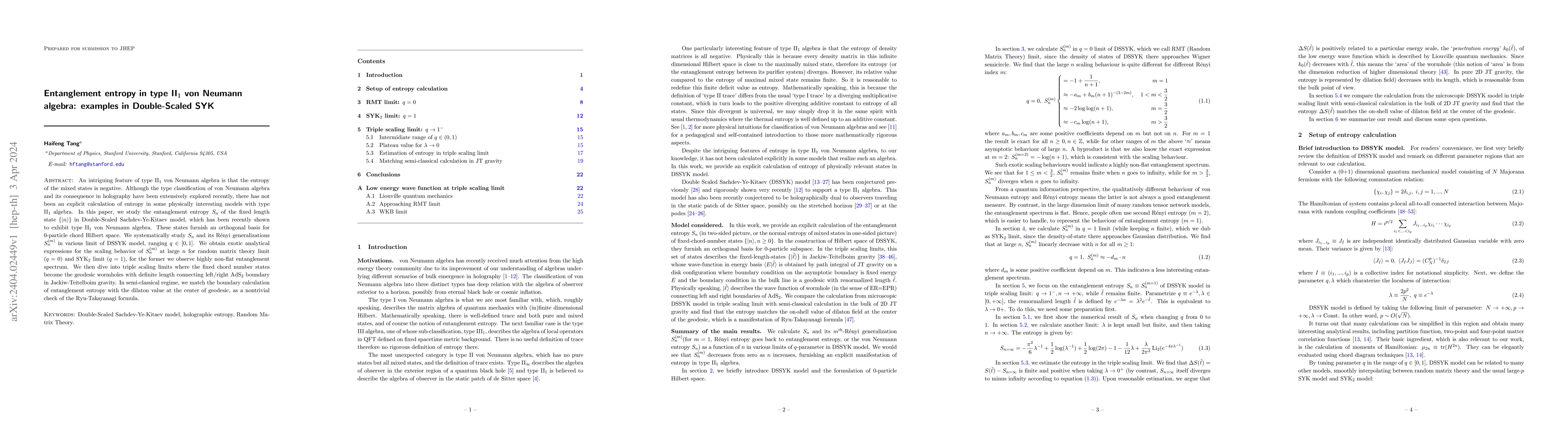 Thumbnail for Entanglement entropy in type II$_1$ von Neumann algebra: examples in
  Double-Scaled SYK