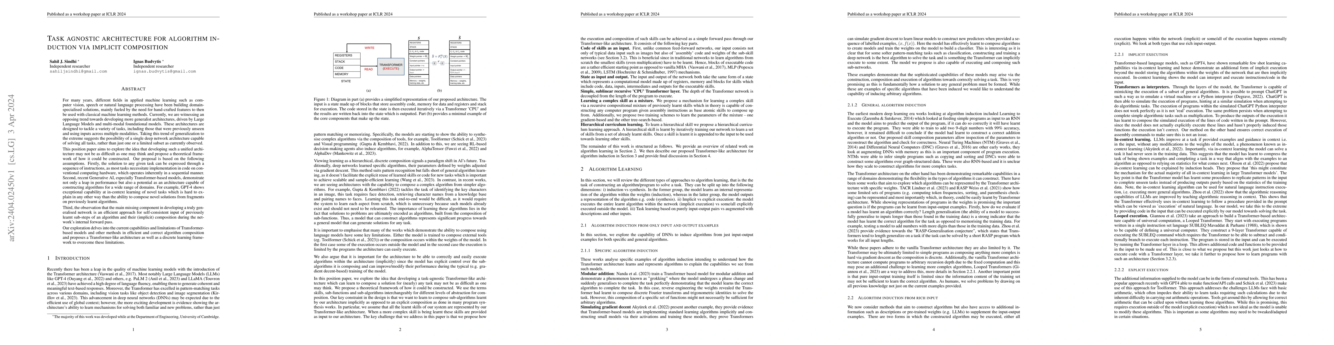 Thumbnail for Task Agnostic Architecture for Algorithm Induction via Implicit
  Composition