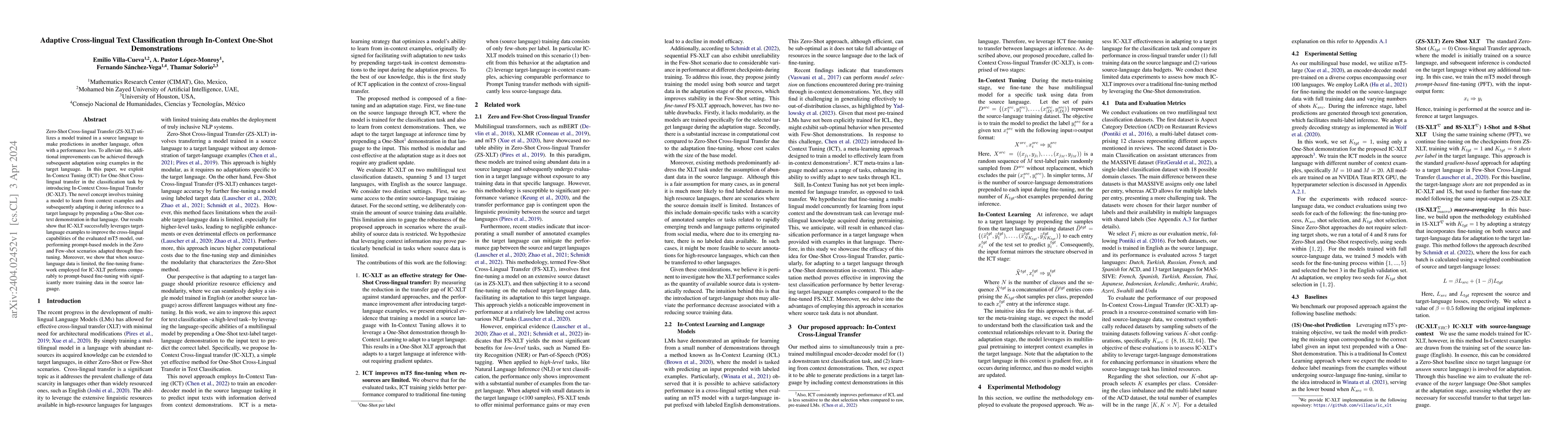 Thumbnail for Adaptive Cross-lingual Text Classification through In-Context One-Shot
  Demonstrations