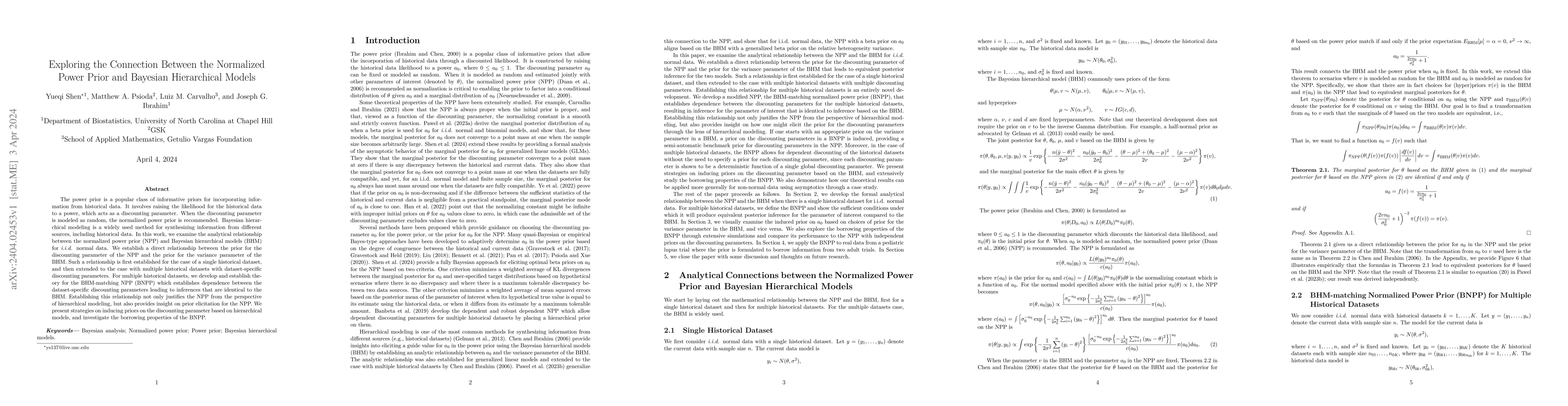 Thumbnail for Exploring the Connection Between the Normalized Power Prior and Bayesian
  Hierarchical Models