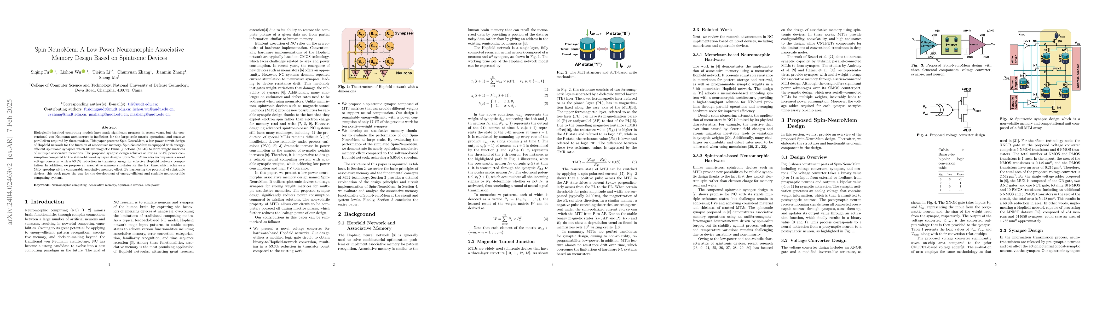 Thumbnail for Spin-NeuroMem: A Low-Power Neuromorphic Associative Memory Design Based
  on Spintronic Devices