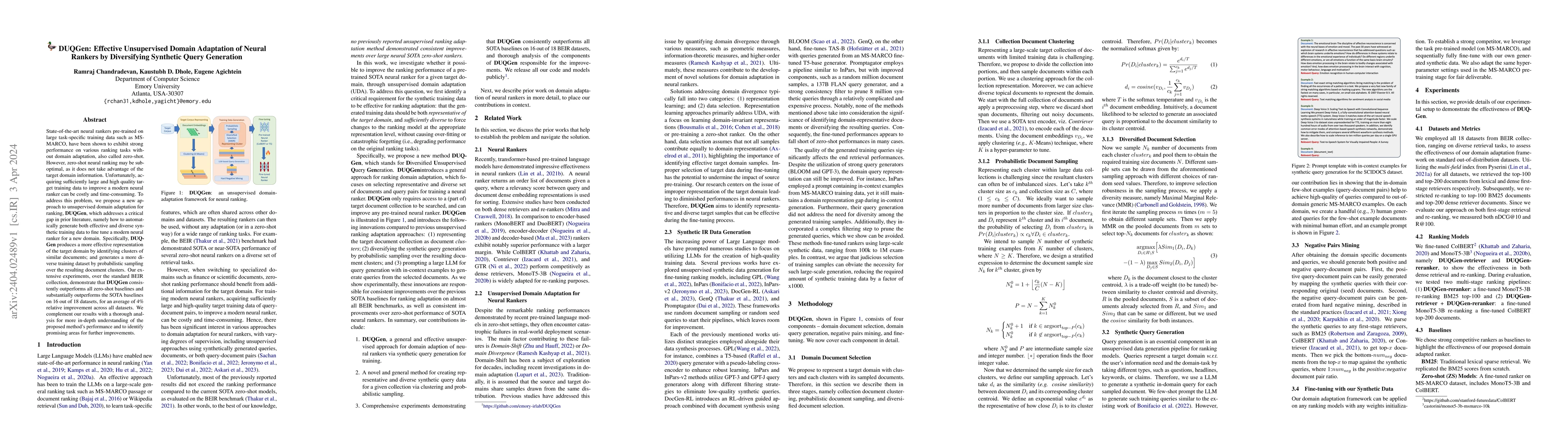 Thumbnail for DUQGen: Effective Unsupervised Domain Adaptation of Neural Rankers by
  Diversifying Synthetic Query Generation