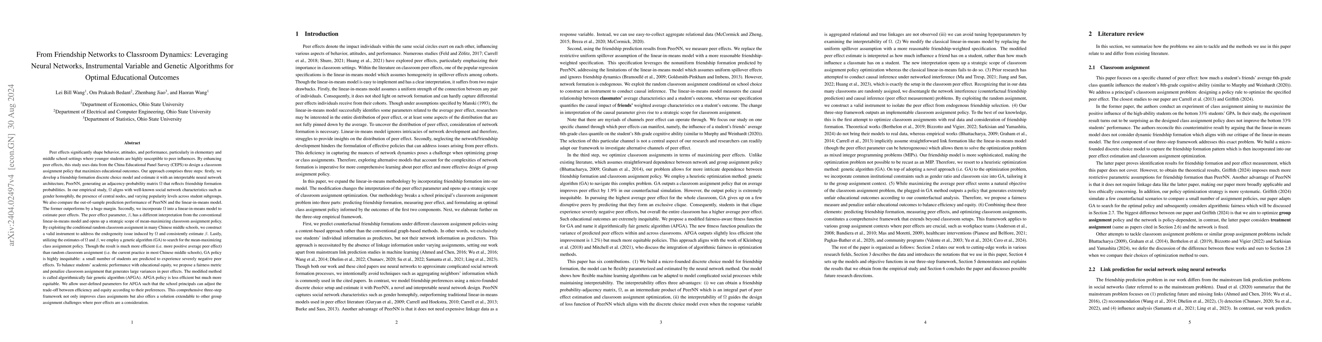 Thumbnail for From Friendship Networks to Classroom Dynamics: Leveraging Neural
  Networks, Instrumental Variable and Genetic Algorithms for Optimal
  Educational Outcomes