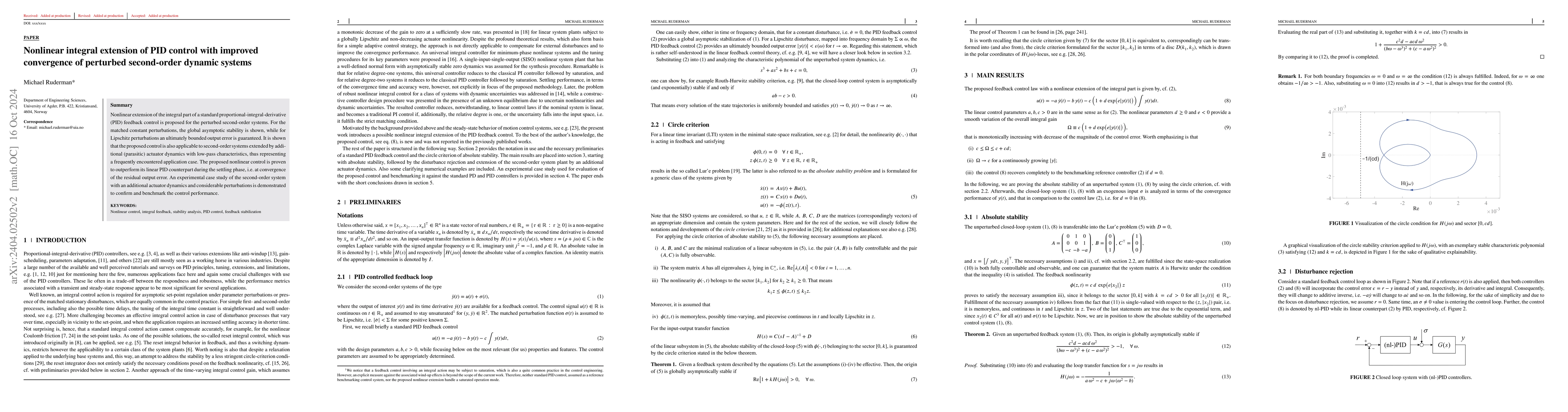 Thumbnail for Nonlinear integral extension of PID control with improved convergence of
  perturbed second-order dynamic systems