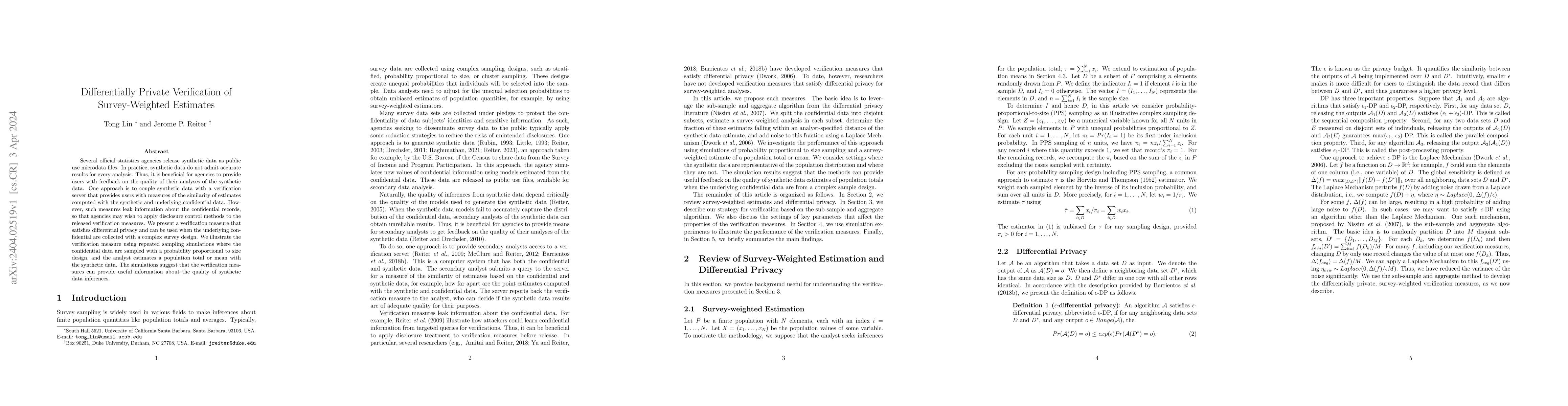 Thumbnail for Differentially Private Verification of Survey-Weighted Estimates