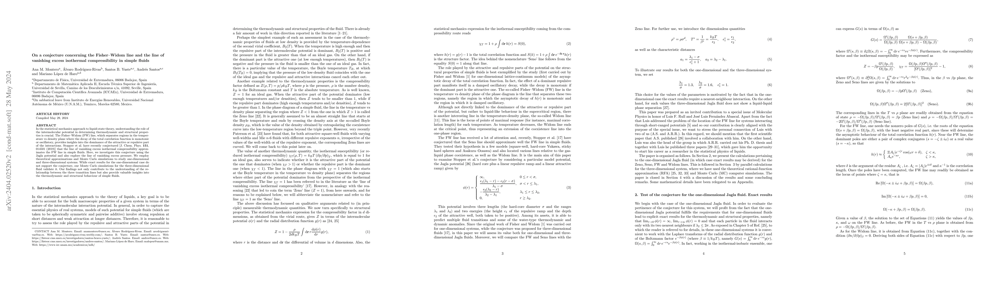 Thumbnail for On a conjecture concerning the Fisher--Widom line and the line of
  vanishing excess isothermal compressibility in simple fluids
