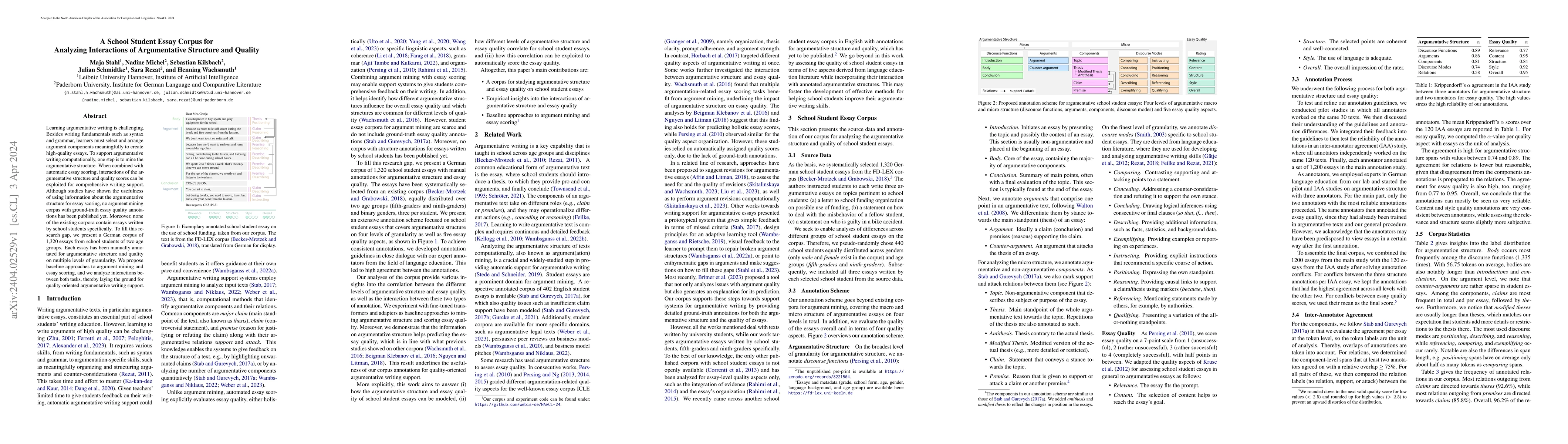 Thumbnail for A School Student Essay Corpus for Analyzing Interactions of
  Argumentative Structure and Quality