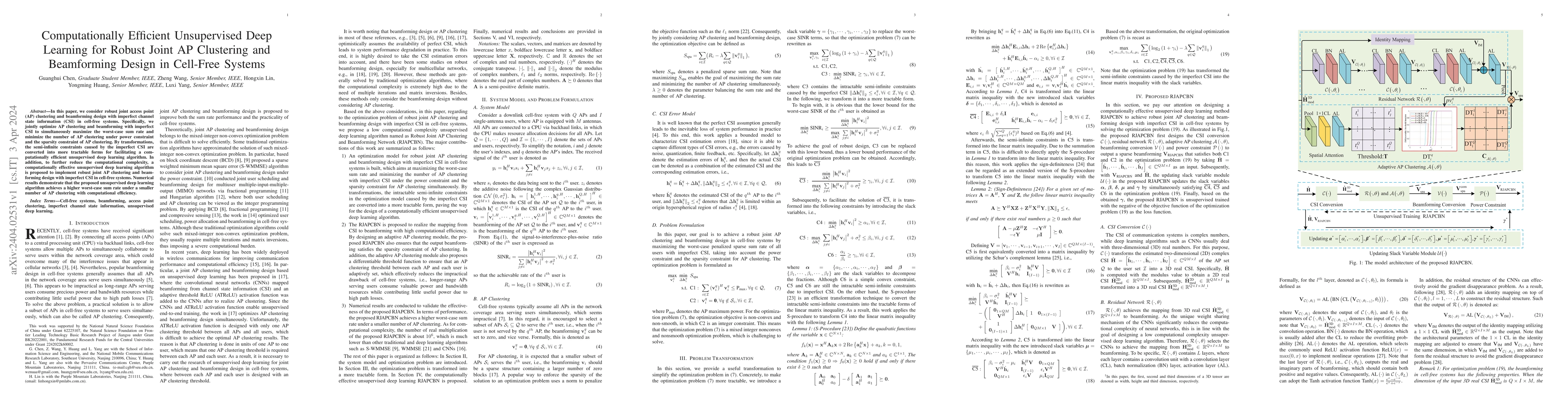 Thumbnail for Computationally Efficient Unsupervised Deep Learning for Robust Joint AP
  Clustering and Beamforming Design in Cell-Free Systems