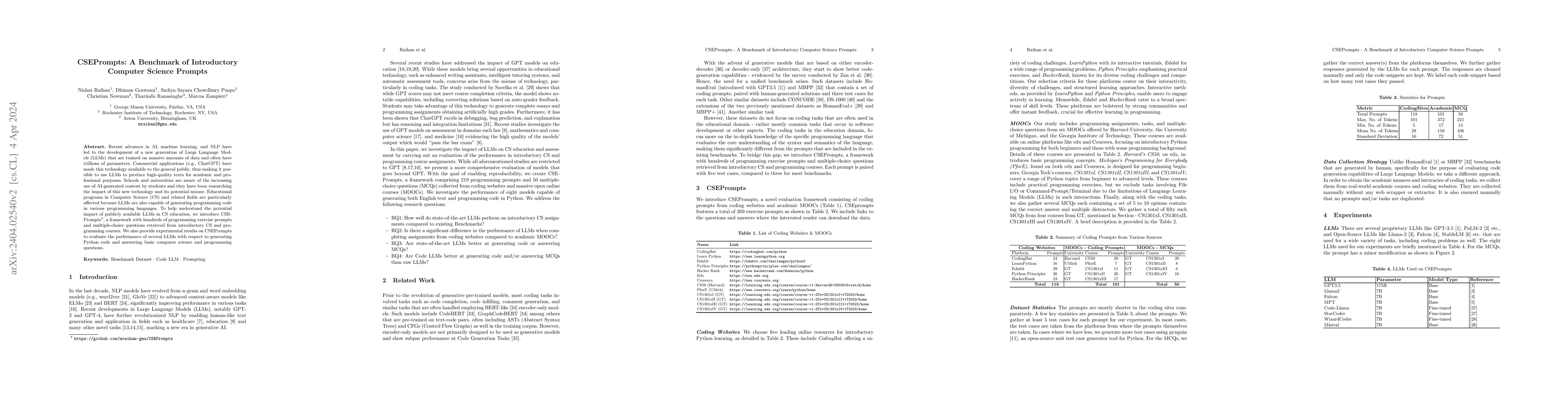 Thumbnail for CSEPrompts: A Benchmark of Introductory Computer Science Prompts