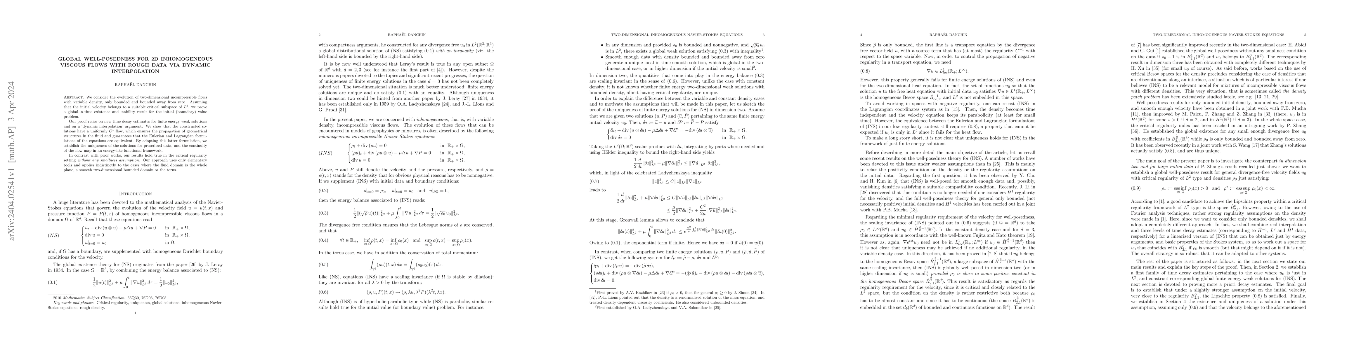 Thumbnail for Global well-posedness for 2D inhomogeneous viscous flows with rough data
  via dynamic interpolation