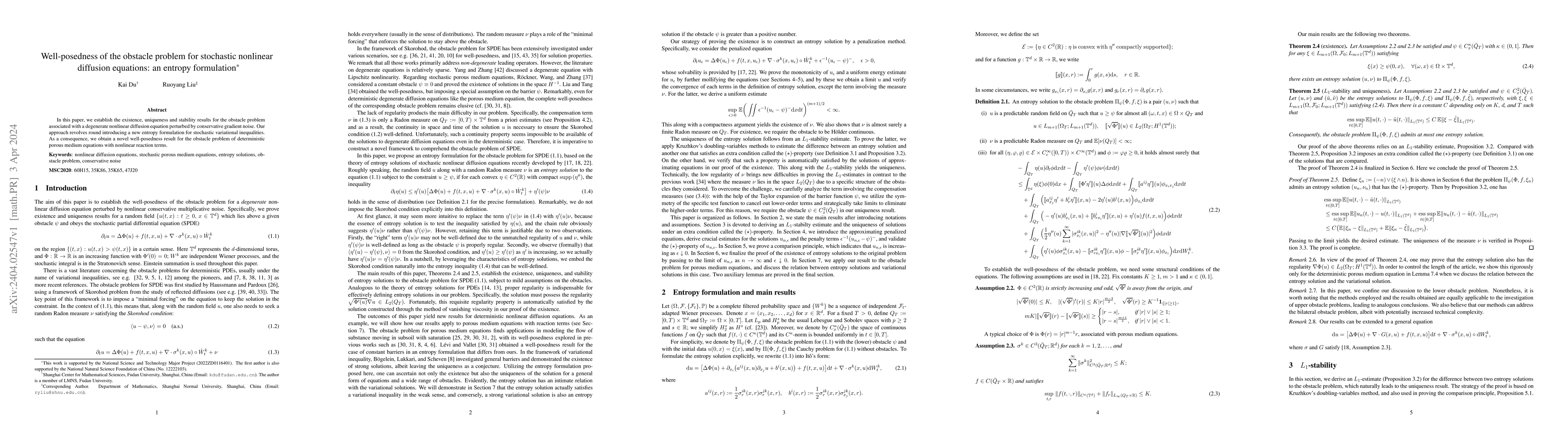 Thumbnail for Well-posedness of the obstacle problem for stochastic nonlinear
  diffusion equations: an entropy formulation