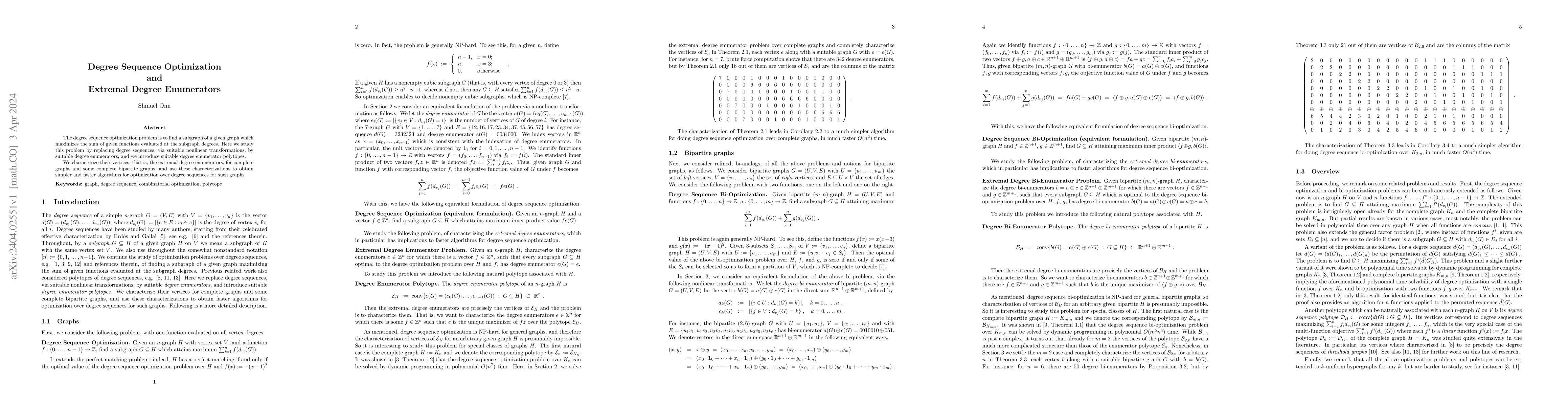 Thumbnail for Degree Sequence Optimization and Extremal Degree Enumerators