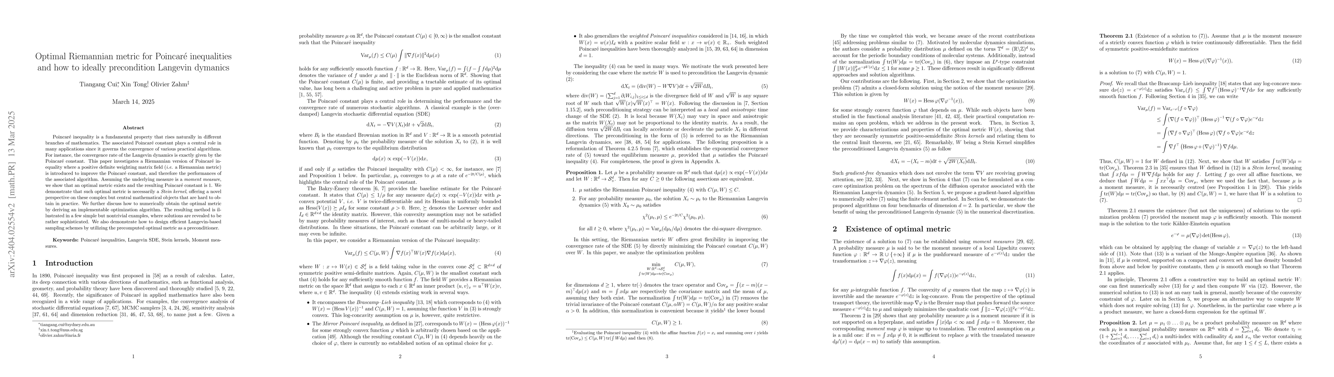 Thumbnail for Optimal Riemannian metric for Poincar{\'e} inequalities and how to
  ideally precondition Langevin dymanics