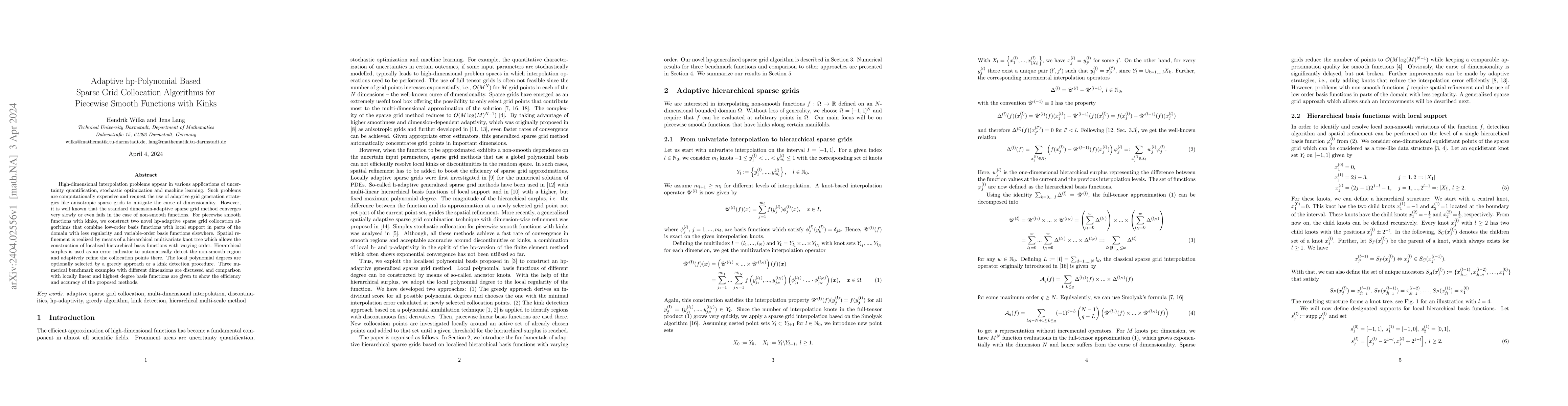 Thumbnail for Adaptive hp-Polynomial Based Sparse Grid Collocation Algorithms for
  Piecewise Smooth Functions with Kinks