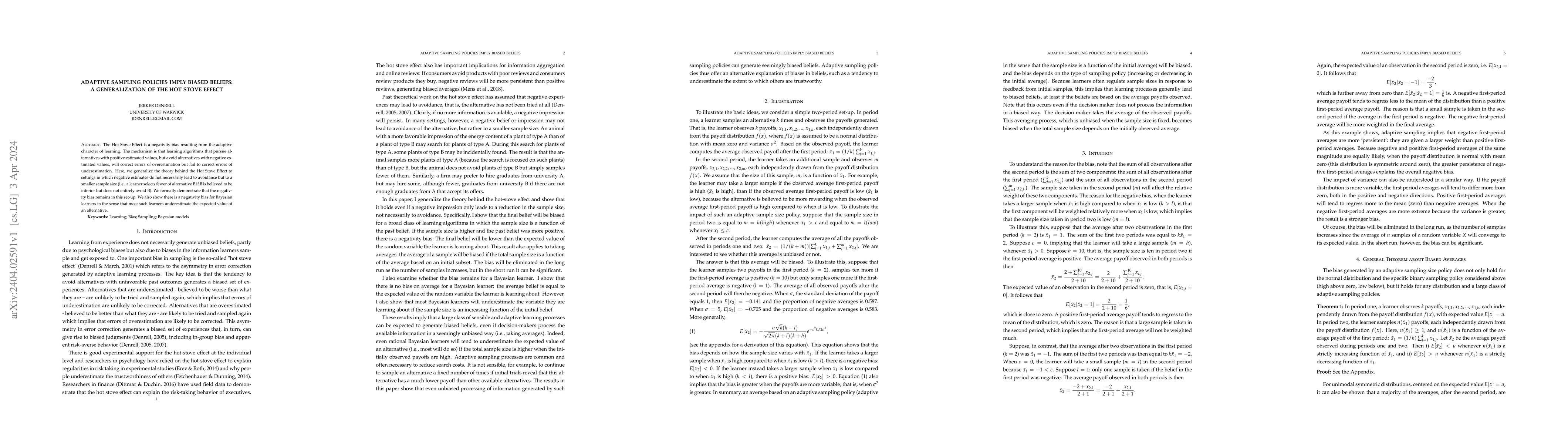Thumbnail for Adaptive Sampling Policies Imply Biased Beliefs: A Generalization of the
  Hot Stove Effect