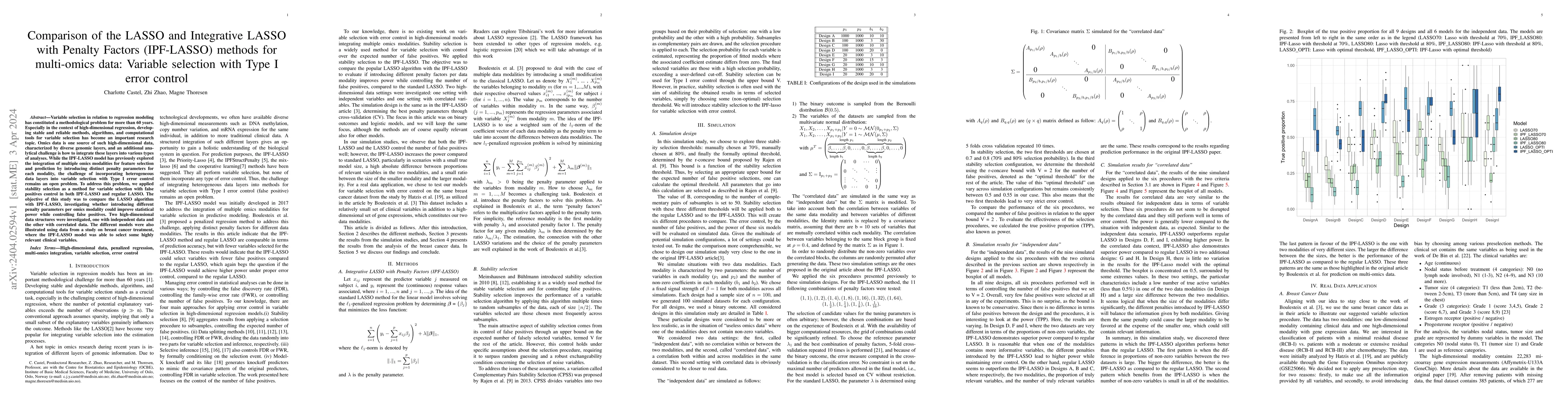 Thumbnail for Comparison of the LASSO and Integrative LASSO with Penalty Factors
  (IPF-LASSO) methods for multi-omics data: Variable selection with Type I
  error control