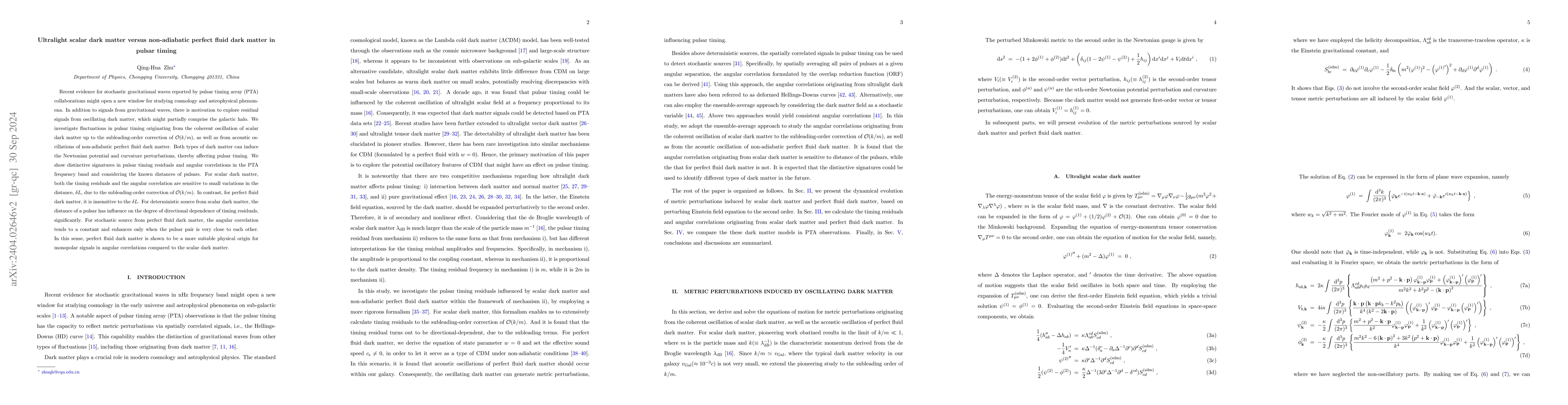 Thumbnail for Ultralight scalar dark matter versus non-adiabatic perfect fluid dark
  matter in pulsar timing
