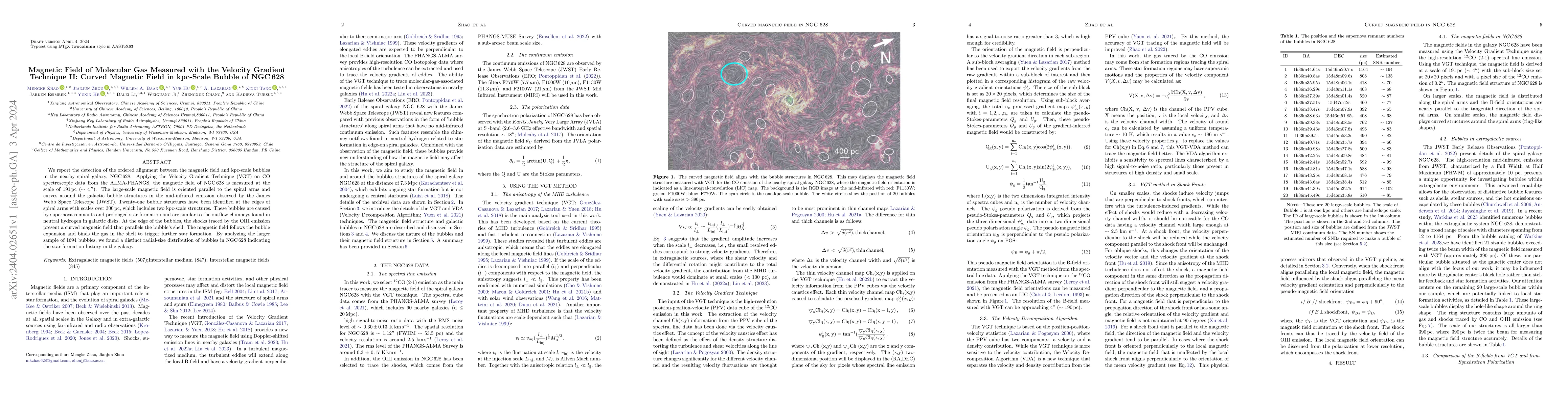 Thumbnail for Magnetic Field of Molecular Gas Measured with the Velocity Gradient
  Technique II: Curved Magnetic Field in kpc-Scale Bubble of NGC\,628