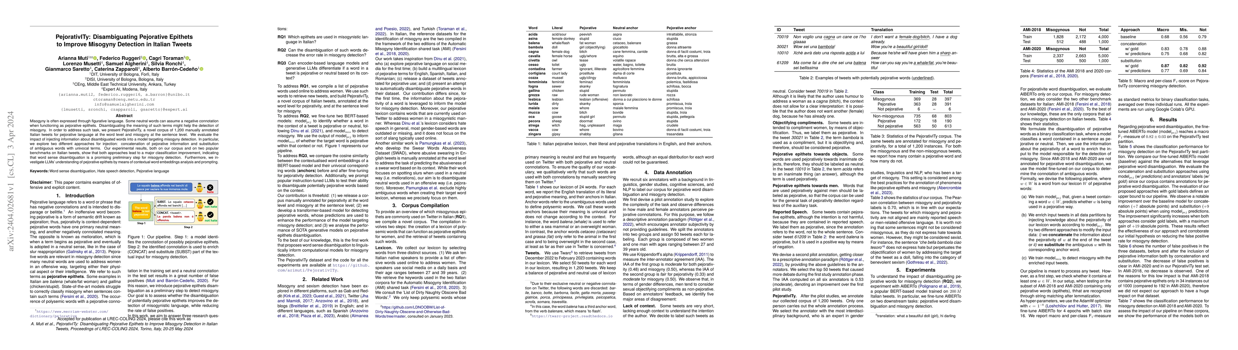 Thumbnail for PejorativITy: Disambiguating Pejorative Epithets to Improve Misogyny
  Detection in Italian Tweets