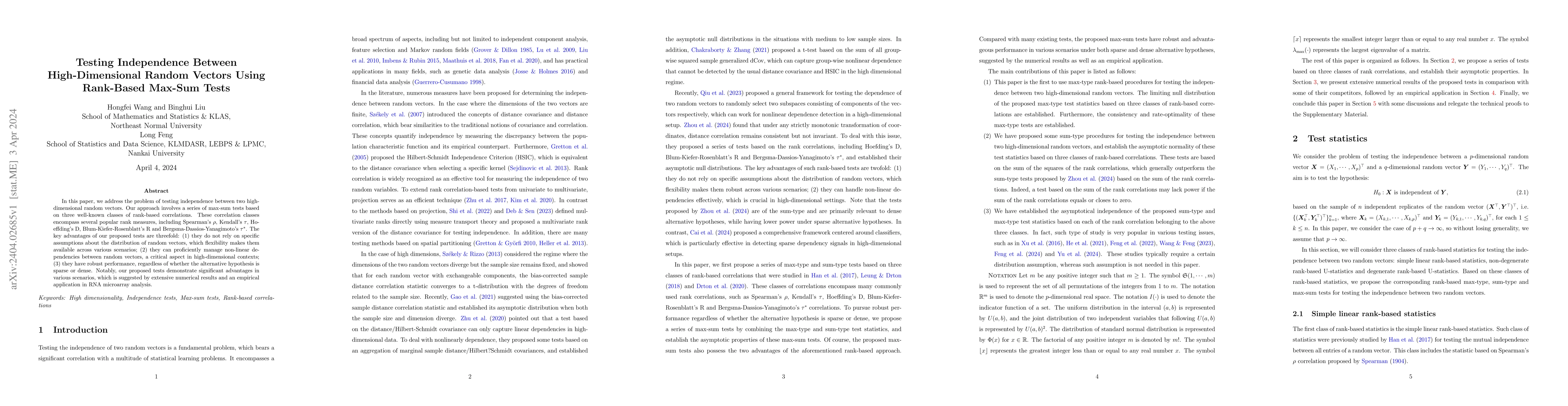 Thumbnail for Testing Independence Between High-Dimensional Random Vectors Using
  Rank-Based Max-Sum Tests