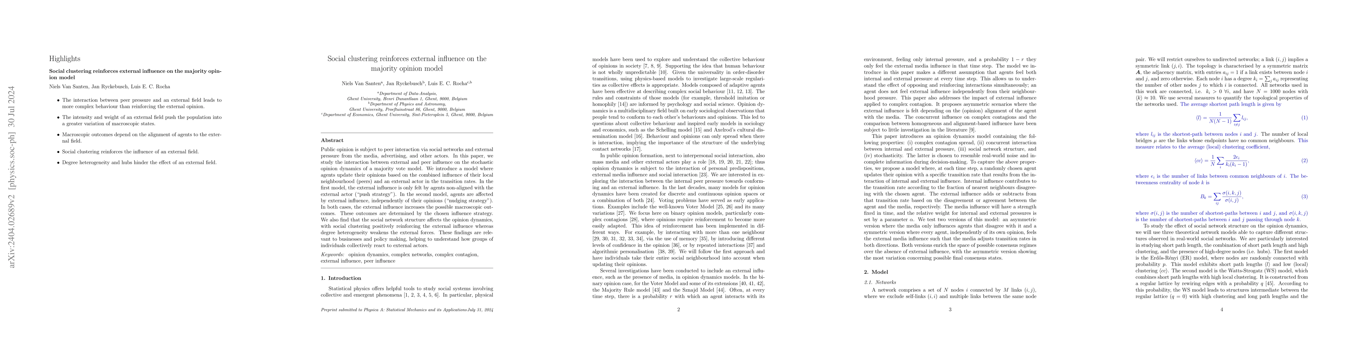 Thumbnail for Social clustering reinforces external influence on the majority opinion
  model