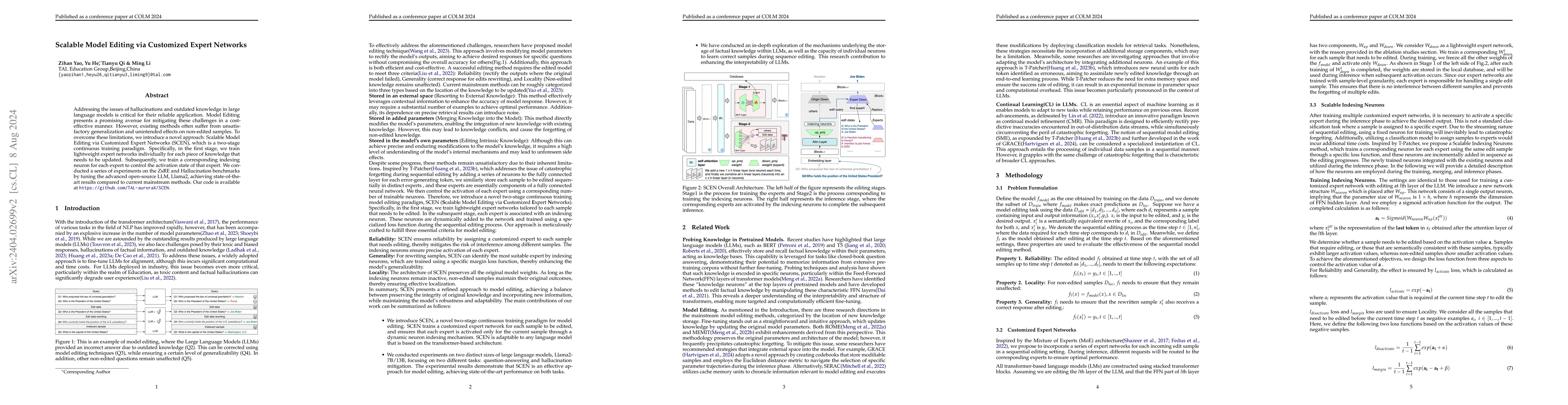 Thumbnail for Scalable Model Editing via Customized Expert Networks