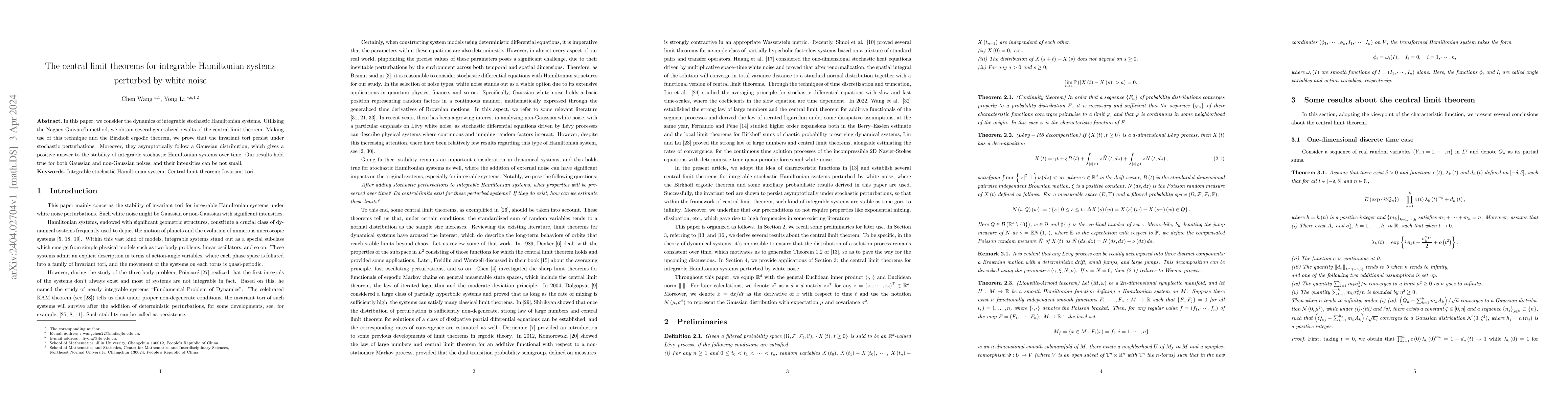 Thumbnail for The central limit theorems for integrable Hamiltonian systems perturbed
  by white noise