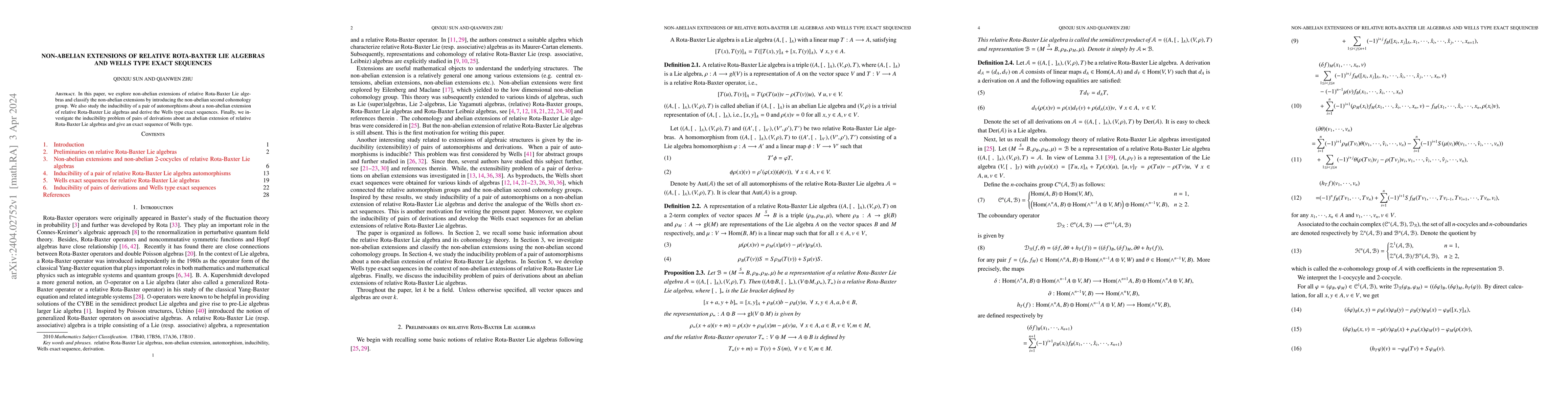 Thumbnail for Non-abelian extensions of relative Rota-Baxter Lie algebras and Wells
  type exact sequences