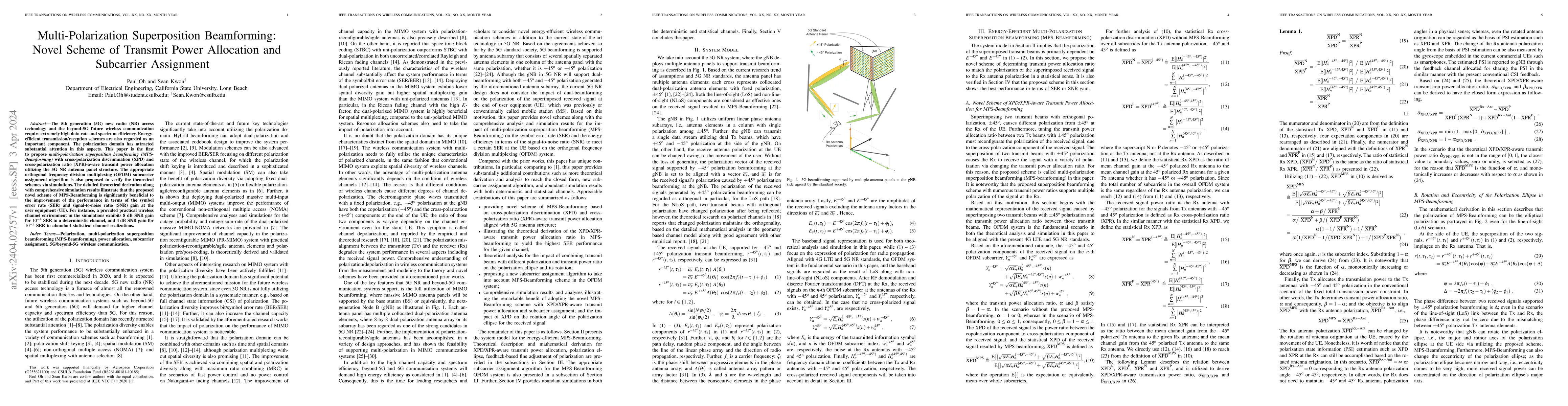 Thumbnail for Multi-Polarization Superposition Beamforming: Novel Scheme of Transmit
  Power Allocation and Subcarrier Assignment