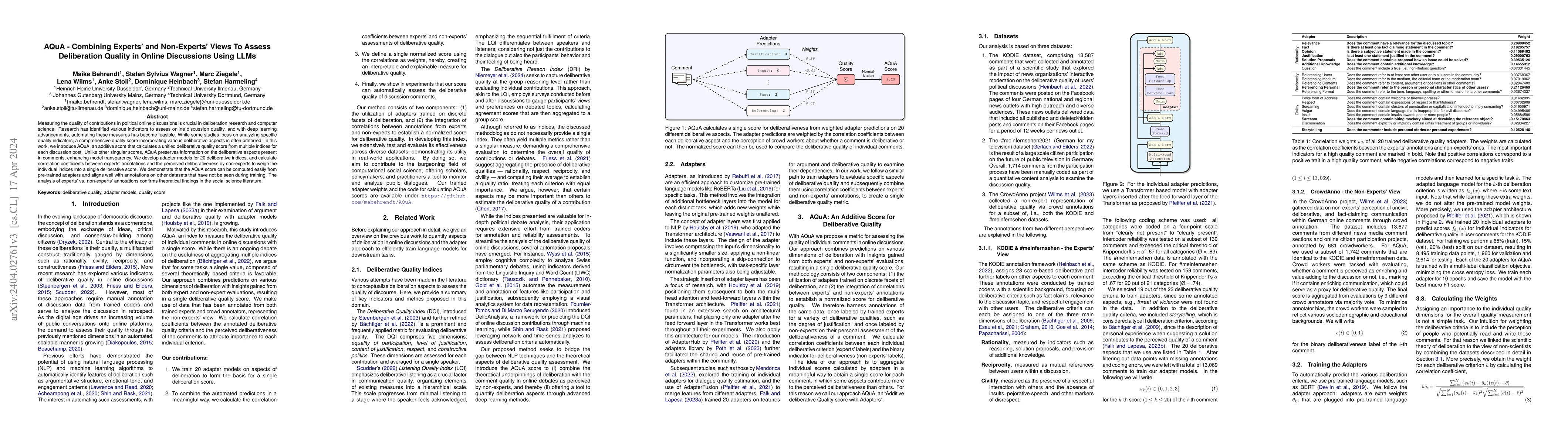 Thumbnail for AQuA -- Combining Experts' and Non-Experts' Views To Assess Deliberation
  Quality in Online Discussions Using LLMs