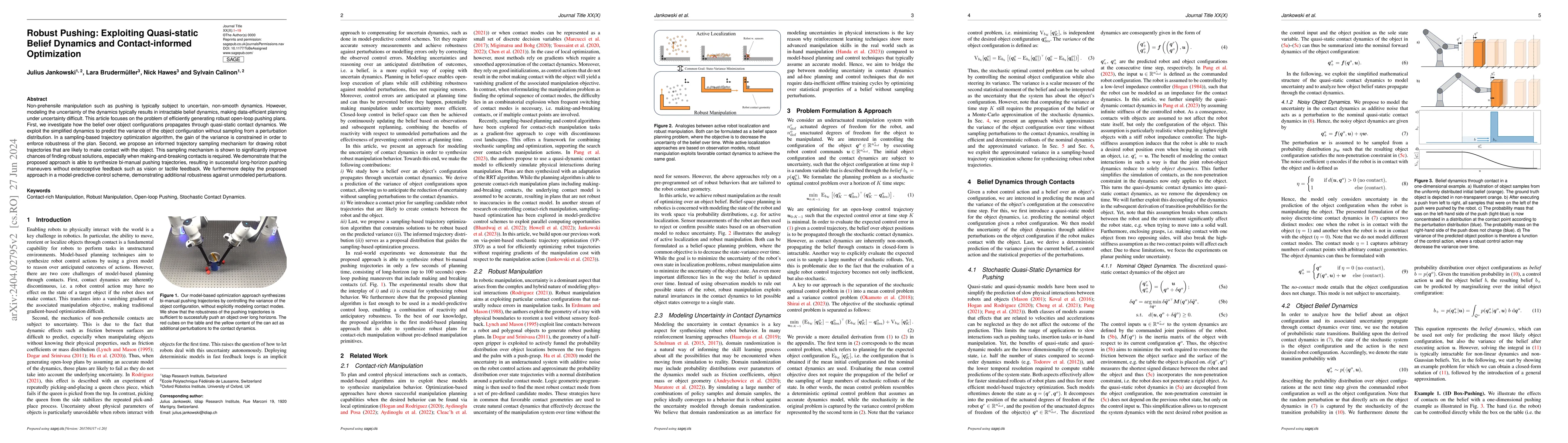 Thumbnail for Robust Pushing: Exploiting Quasi-static Belief Dynamics and
  Contact-informed Optimization