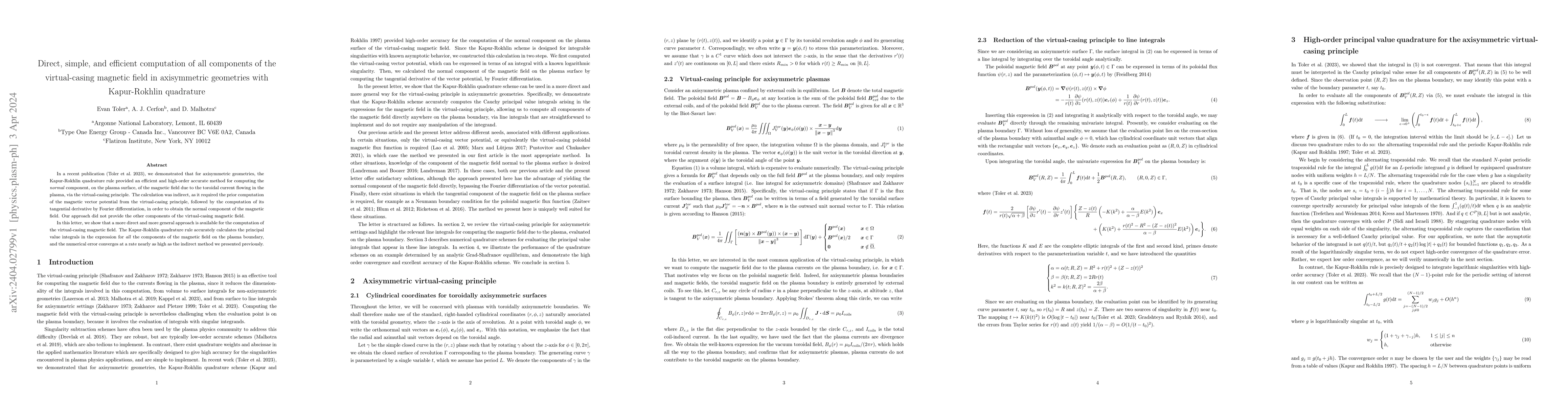 Thumbnail for Direct, simple, and efficient computation of all components of the
  virtual-casing magnetic field in axisymmetric geometries with Kapur-Rokhlin
  quadrature