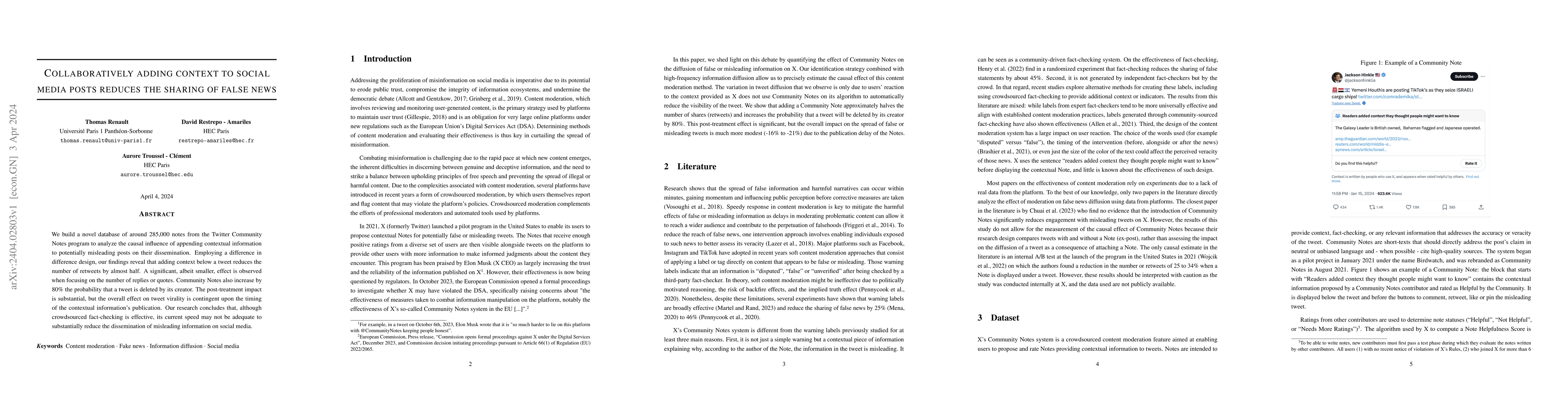 Thumbnail for Collaboratively adding context to social media posts reduces the sharing
  of false news